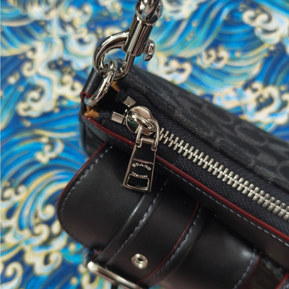 Coach Black Signature Canvas Shoulder Bag with Buckle Pockets - Picture 10 of 14